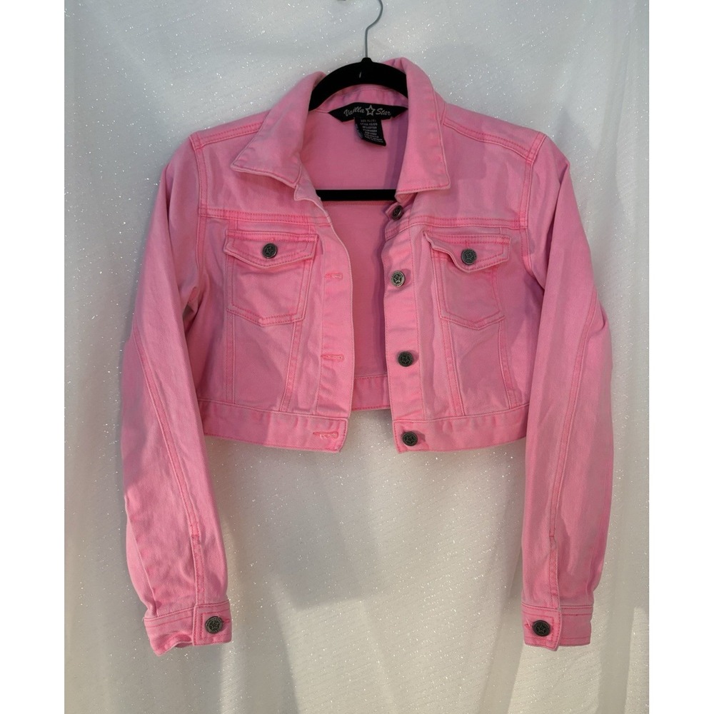 Vanilla Star Girls Pink Cropped Denim Jacket Button Front Pockets XL 16